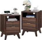 T4TREAM Fluted Nightstand Set of 2 with Charging Station, 18" Modern Side Table, 2 Drawers End Table with Storage, Bedside for Bedroom, Living Room, Curved Profile Design, Dark Walnut