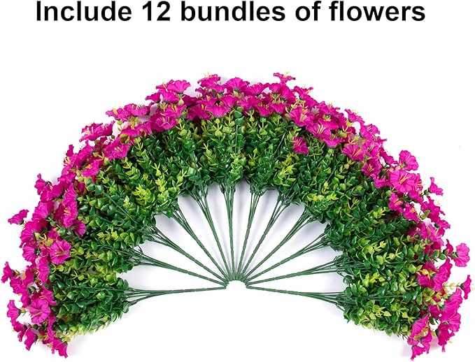 HyeFlora Artificial Flowers for Outdoors Fake Plants, 12 Bundles Faux Fuchsia Morning Glory UV Resistant Look Real Silk Flowers for Outside Planter Front Door Porch Patio Yard Fall Autumn Decoration