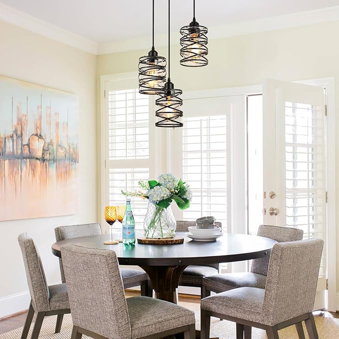 Pendant Lights Kitchen Island Black Pendant Light Fixtures 3-Light Spiral Iron Kitchen Island Lighting Adjustable Hanging Cluster Pendant Lighting for Dining Room with Clear Glass Shade