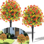 22.8" Set of 2 Fall Artificial Boxwood Topiary Ball with Spikes,UV Resistant Fake Outdoor shrubs with Violet Flowers, Faux Plants Bushes for Garden Front Porch Yard Patio(Yellow+Orange)