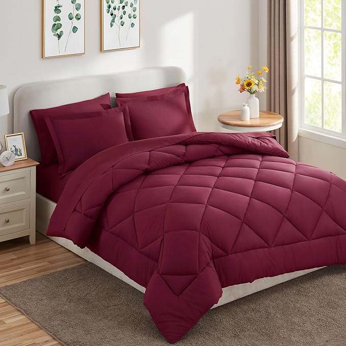 CozyLux Queen Comforter Set Burgundy - Bed in a Bag Queen Size 7 Pieces, Luxury Soft Bed Set for All Seasons, Bedding Set with Down Alternative Comforter, Sheets, Pillowcases & Shams, Red