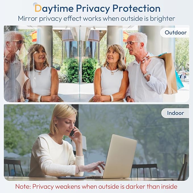 rabbitgoo Window Tint for Home One Way Privacy Window Film See Out Not in Heat UV Blocking Reflective Removable Static Cling Mirror Decorative House Glass Covering, Silver,35.4 Inch X 13.1 Feet