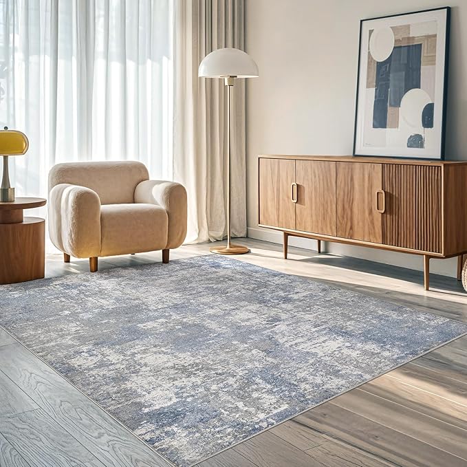 Tortania Washable 3x5 Area Rug - Modern Abstract Neutral Rugs Indoor Soft Thin Mat Non Slip Carpet for Entrance Front Door Living Room Bedroom Home Floor Decoration - Blue Grey