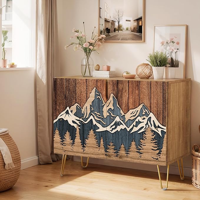 SIGNWIN Sideboard Buffet Cabinet, Kitchen Storage Cabinet with 2 Doors, Countryside Wood Panel Mountain Forest, Cupboard Console Table for Dining Room - 35" L x 18" W x 29" H