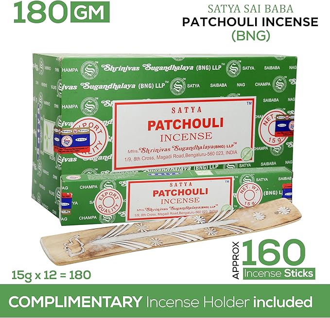 Satya Patchouli Incense Sticks, Satya Bng (Bangalore) Insenses 15gmx12 Pack with Raajsee Incense Holder Bundle, Satya Nagchampa Natural Incense