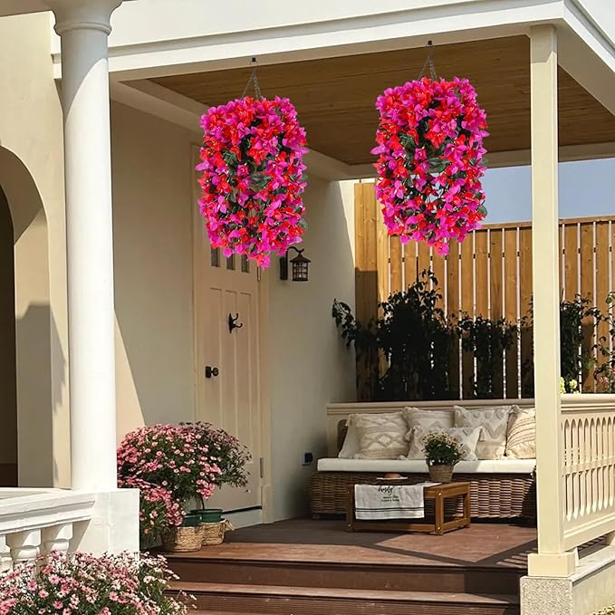 Artificial Bougainvillea Flowers for Outdoor Plant,2 pcs Faux Hanging Flowers Bougainvillea for Outside Decoration,Fake Silk UV Resistant Vines for Front Door Porch(Rose red+Fuchsia)
