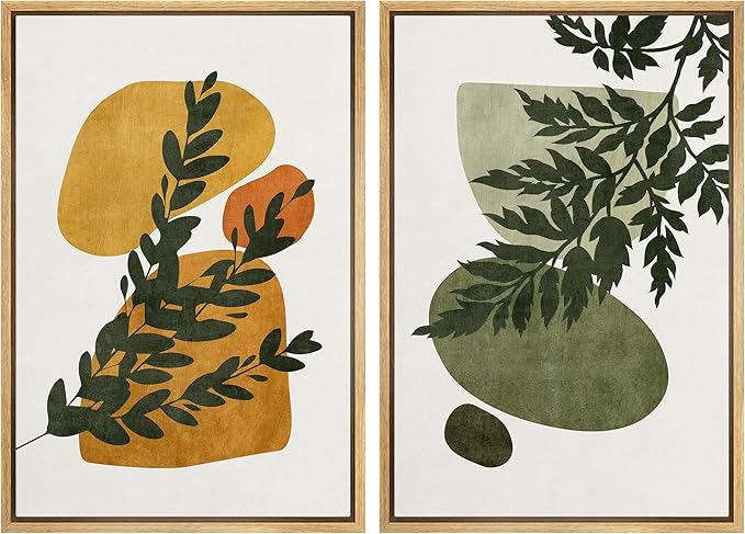SIGNFORD Framed Canvas Print Wall Art Set Mid-Century Forest Fern Leaf Collage Abstract Shapes Illustration Modern Art Decorative Nordic Nature for Living Room, Bedroom, Office - 24"x36"x2 Natural