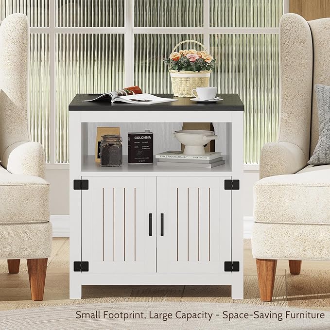 Farmhouse End Table with Charging Station, 24" Large Side Table with Open Shelf and Storage Cabinet, Wood Square Bedside Table Nightstand for Living Room, Bedroom (White)