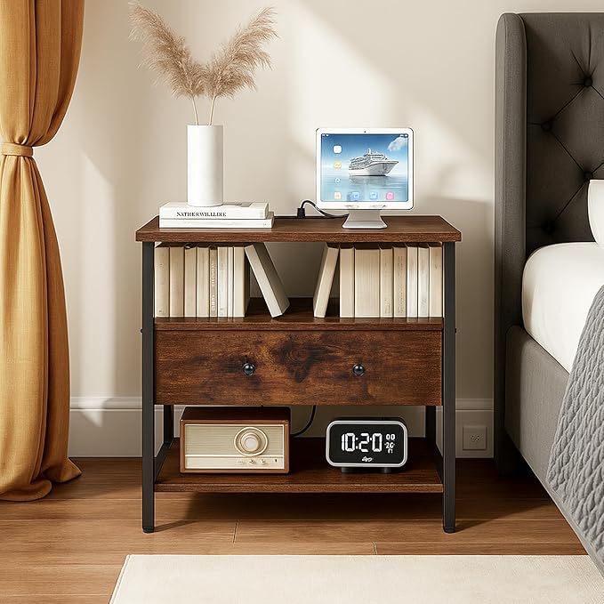 27 Inch Wide Night Stand with Charging Station, Wood Nightstand with Open Shelf, Large Drawer Bedside Table for Living Room/Bedroom/Office (Retro Brown)