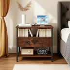 27 Inch Wide Night Stand with Charging Station, Wood Nightstand with Open Shelf, Large Drawer Bedside Table for Living Room/Bedroom/Office (Retro Brown)