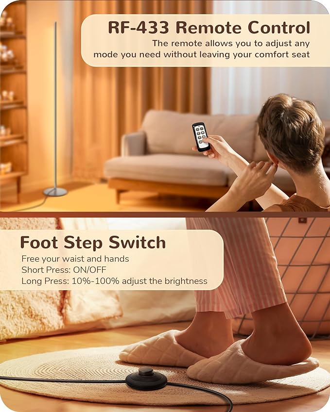 EDISHINE LED Corner Floor Lamp, Minimalist Dimmable Light with Remote, 57.5 Inches Tall Floor Lamps for Living Room, Bedroom, Home Office, 7 Color Temperature 2700-6000K (Silver)