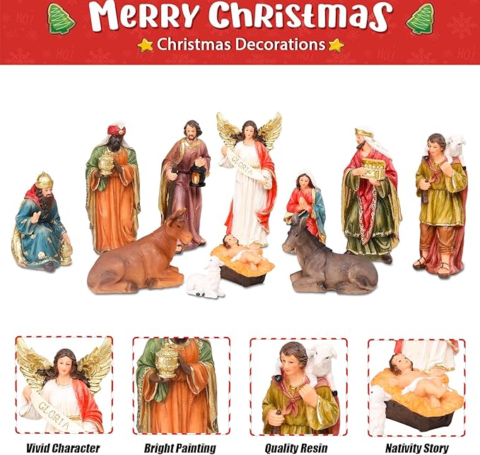 Nativity Set 5.7 Inch 11 PCS Christmas Village Nativity Scene Indoor Collectible Bulidings Nativity Sets & Figures Vintage Xmas Holiday Decorations Displays