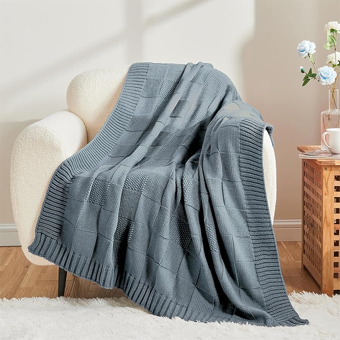 CozeCube Check Knit Throw Blanket, Dusty Blue Checkered Throw for Couch, Decorative Christmas Soft Cozy Warm Knitted Blanket for Bed Sofa Living Room, 50"X60"
