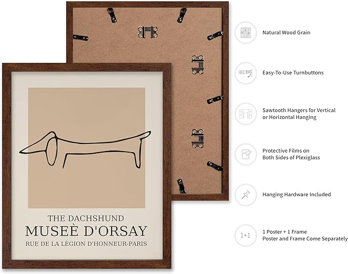 Poster Master Vintage Poster - Retro Minimalist Print - Gift for Artist, Housewarming - Dachshund Dog, Line Drawing, Abstract - Wall Decor for Living Room, Bedroom, 8x10 Brown Framed
