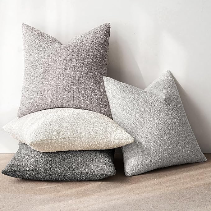 MIULEE Pack of 4 Decorative Textured Boucle Throw Pillow Covers 20x20 Inch Neutral Grey Accent Solid Pillow Cases Couch Cushion Covers for Modern Farmhouse Boho Chair Sofa Bed Livingroom Home Decor