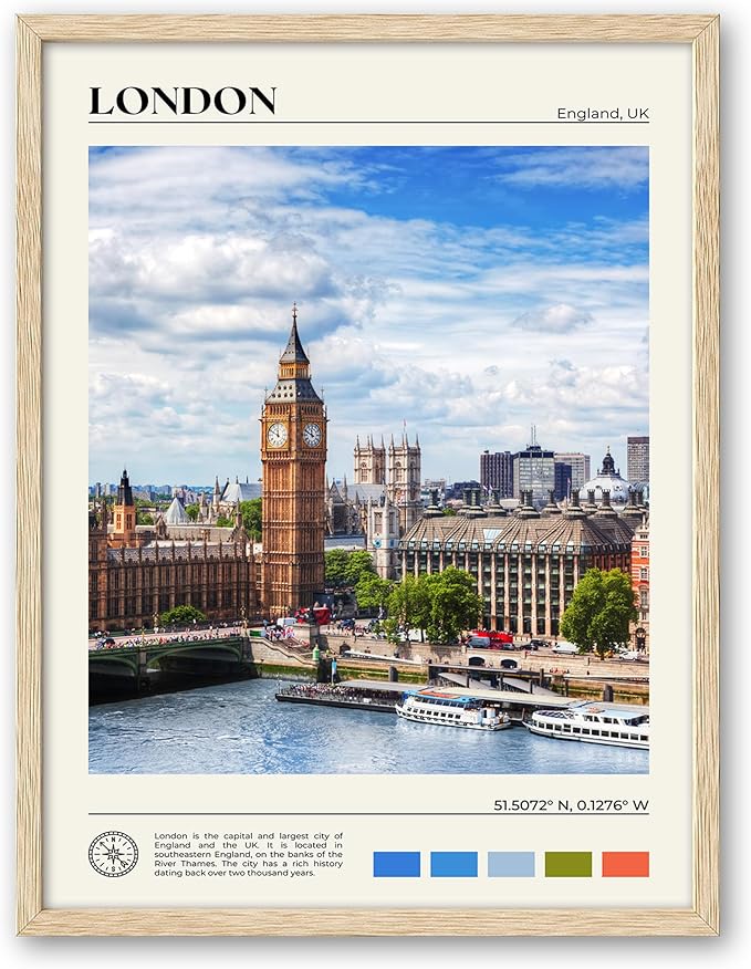 HesenDot Natural OAK Wood Framed London Wall Art,12x16in Cityscape Wall Print Posters,Classic Urban Landmark Wall Decor for Living Room,Bedroom,Office Set of 1