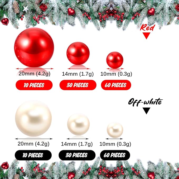 200 PCS Red White Vase Fillers, Pearls Bead for Centerpieces Vases, 10/14/20 MM No Hole Beads, Fake Pearls for Wedding Birthday Anniversary Theme Party Table Centerpieces Decor