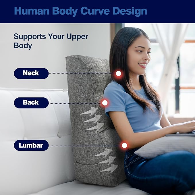 Daneey Bed Pillows for Sitting up in Bed, Reading Pillows for Sitting in Bed Adult, Back Pillow for Bed Sitting Up, Back Support Pillow for Bed Removable Breathable Cover, Gray