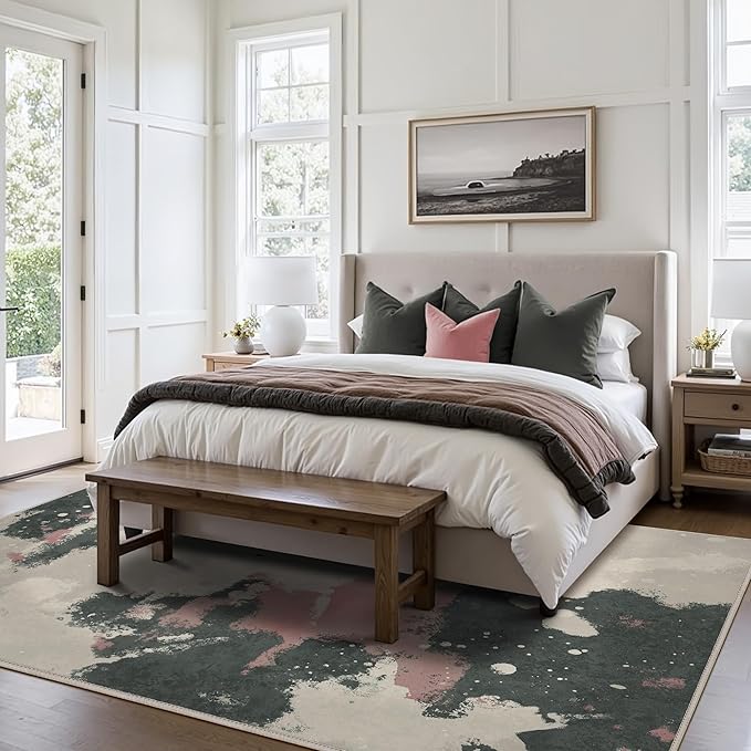 Area Rugs 8x10 for Living Room Bedroom, Modern Splash Abstract Machine Washable Rug, Large Soft Low Pile Floor Cover with Non Slip Backing for Dining Room, Pink/Charcoal