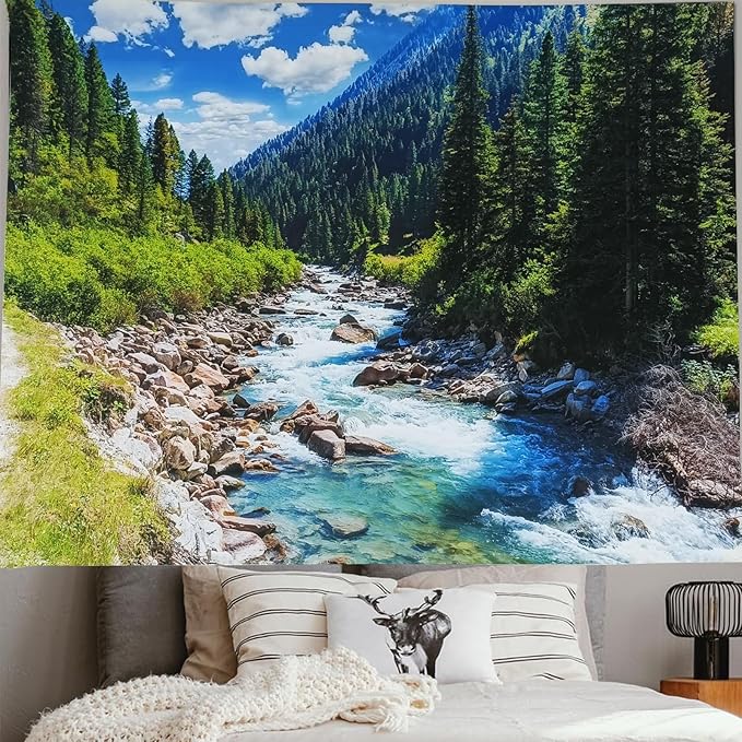 Nature Forest Mountain Tapestry Green Pine Tree Stream Tapestry White Clouds Flowing River Valley Landscape Scenery Tapestries Wall Hanging for Bedroom Dorm Living Room Office Classroom 80 x 60 Inch