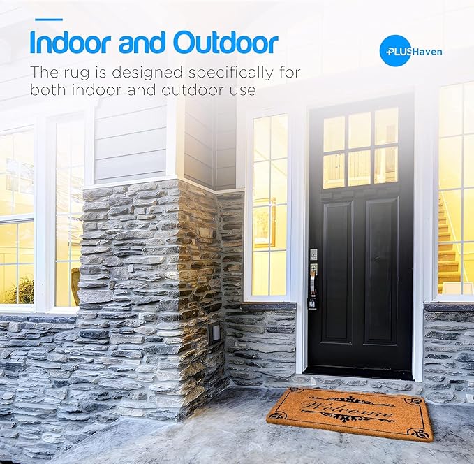 PLUS Haven Coco Coir Door Mat with Heavy Duty Backing, Natural Welcome Doormat, 17.5”x30” for Entrance, Front Porch, Easy to Clean Entry Mat, Outdoor and Indoor Uses, Home Décor