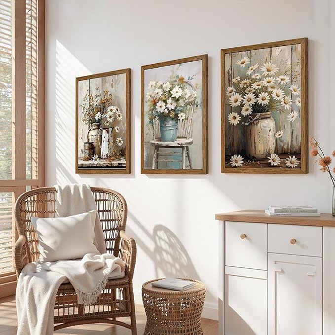 DUWQU 3 Piece Framed Elegant Farmhouse Canvas Wall Art, Vintage Floral Pictures Art Wall Decor, Nature Themed Daisy Art Prints for Living Room Bedroom Kitchen and Office Ready to Hang 16×24 Inches