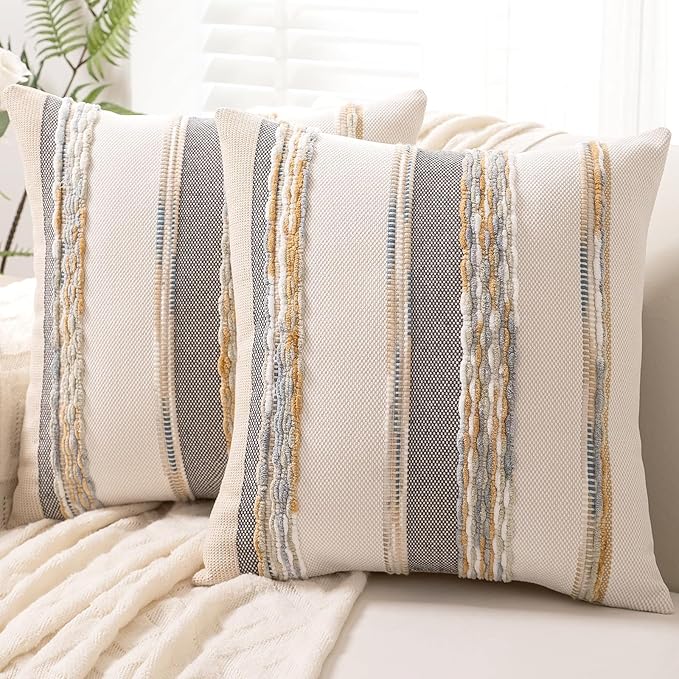 Boho Throw Pillow Covers 18x18 Set of 2 Farmhouse Decorative Cushion Case Striped Square Pillows Cover Chenille Pillow Cases Accent Neutral Pillowcase for Sofa Couch Bed,Orange-Gray