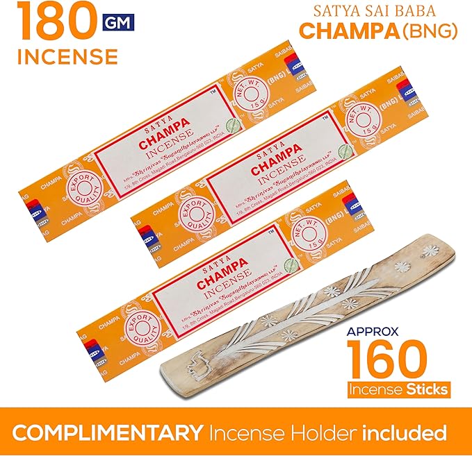 Satya Champa Incense Sticks, Satya Bng Insenses 15gmx12 Pack with Raajsee Incense Holder Bundle, Satya Nagchampa Natural Incense