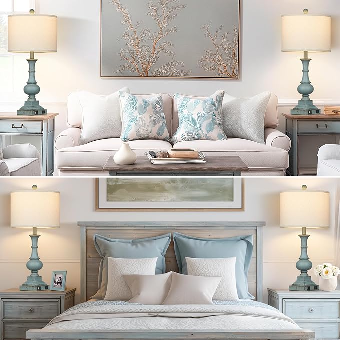 Farmhouse Table Lamps Set of 2, 26" Vintage Rustic Touch Control 3-Way Dimmable Bedside Lamp with USB A+C Ports & AC Outlet, Blue Nightstand Lamp for Living Room Bedroom End Table(LED Bulbs Included)
