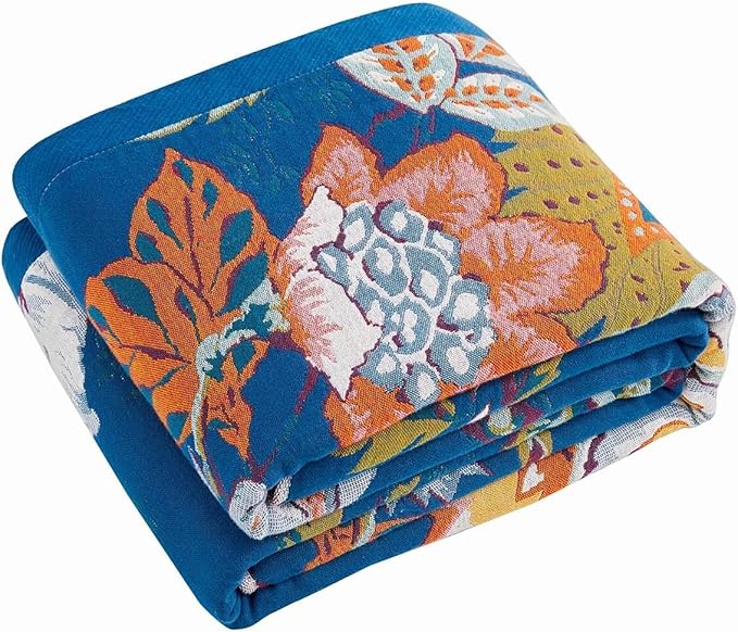 Boho Throw Blanket, Blue Lightweight Blankets for Summer, 100% Cotton Bohemian Decorative Throw Blanket, 50"x60" Reversible Muslin Breathable Woven Farmhouse Blankets Quilt,