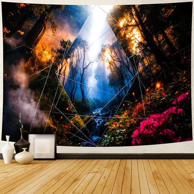 Delur Forest Tapestry Tree of Life Misty Tropical Rainforest Tapestry Wall Hanging Mystical Colorful Spiritual Psychedelic Nature Landscape Headboard for Bedroom Living Room Home Decor (51.2" x 59.1")
