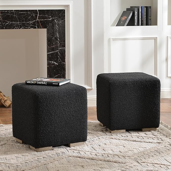 KINWELL 18.5" Wide Modern Square Boucle Upholstered Ottoman with Solid Wood Legs Set of 2, Cube Ottoman Multi-Functional Sofa Footrest, Extra Seating for Living Room, Bedroom, Fully Assembled (Black)