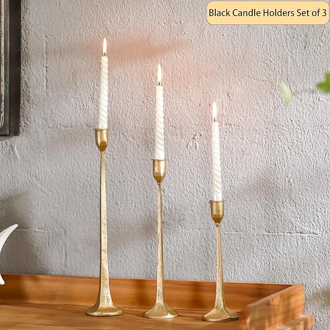 Gold Taper Candle Holders Set of 3, Heavy Candlestick Holders Decorative Candle Stand for Table Centerpiece, Cast Iron Candle Stick Holder Decor