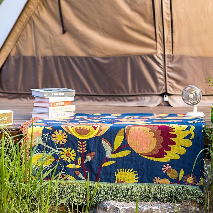 Snycler Boho Throw Blanket for Bed, 100% Organic Cotton Muslin Soft Throw-Blue Boho Floral Farmhouse Rustic Spring Summer Fall Decor Blanket for Couch Sofa Quilt and Gift, 60" x 80"