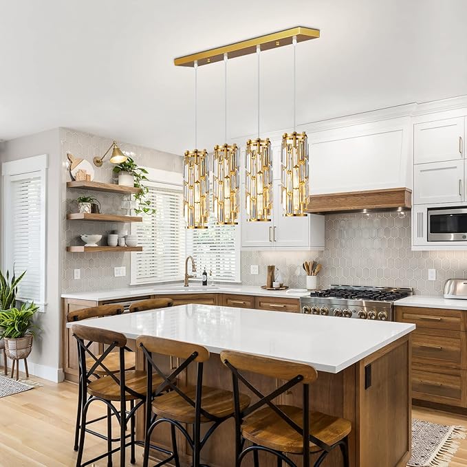 LMQNINE 4 Light Gold Pendant Lighting Modern Pendant Light, Mini Crystal Chandeliers,Adjustable Pendant Light Fixture for Kitchen Island Dinning Room Bedroom(Gold 4-Light)