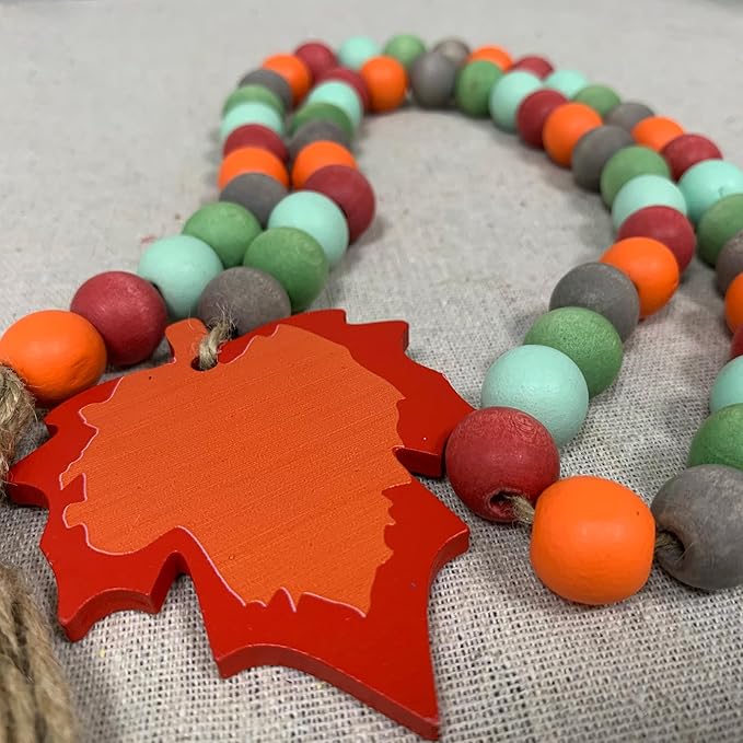 40" Handmade Farmhouse Bead Garland Wood with Tassel, Boho Chic Decorative String Beads Home Decor, Table Tiered Tray Country Wooden Accents (Autumn Joy: Grateful, Thankful, Blessed, 0.63" Diameter)