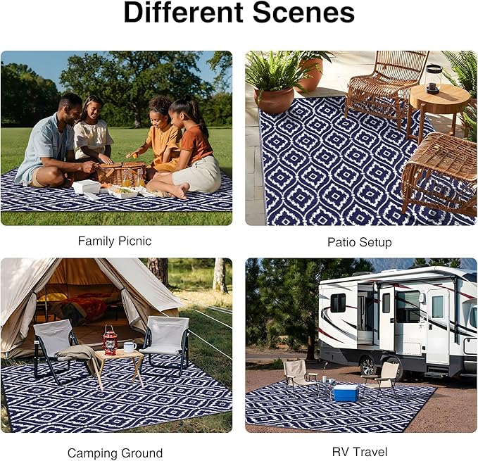 OLANLY Outdoor Rug 9x12 ft Waterproof, Outdoor Plastic Straw Rug with Geometric Pattern Clearance, Reversible RV Mat for Patio, Camping, Balcony, Deck, Backyard, Navy & White
