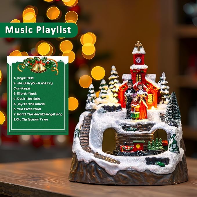 Animated Musical Christmas Village Figurines Christmas Collectibles Statues Church Building and Carolers with Rotating Train LED Lights, Battery & USB Home Decor Gifts Festive Holiday Decorations
