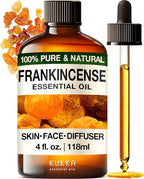 Kukka Frankincense Essential Oil for Face & Skin - 4 Fl Oz - 100% Pure Natural Frankincense Oil Made from Ethiopia Resin - A Holy & Woody Scent for Body Comfort, Aromatherapy & DIY Soap Making