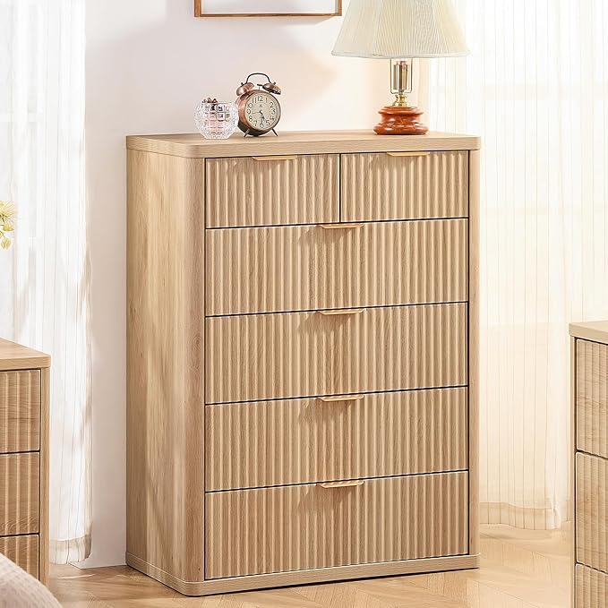 LEYAOYAO Fluted 6 Drawers Dresser for Bedroom, 42" Tall Modern Chest of Drawers with Metal Handle, Curved Profile Design,Natural Wood Drawer Organizer for Bedroom, Living Room, Hallway, Entryway