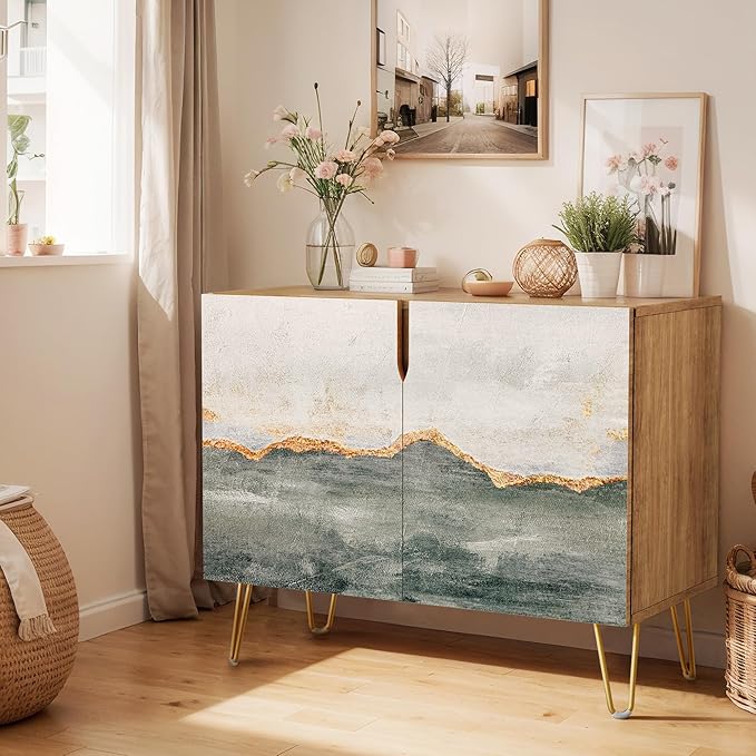 SIGNWIN Sideboard Buffet Cabinet, Kitchen Storage Cabinet with 2 Doors, Gold Gray Color Block Collage, Cupboard Console Table for Dining Room - 35" L x 18" W x 29" H