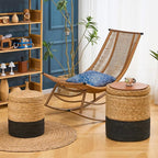 Wimarsbon Round Pouf Ottomans, Handwoven Natural Water Hyacinth Seagrass Pouffe,Outdoor Rattan Stool Accent Seat, Bohemian Coastal Home Decor (Cattail Nested Set-Black)