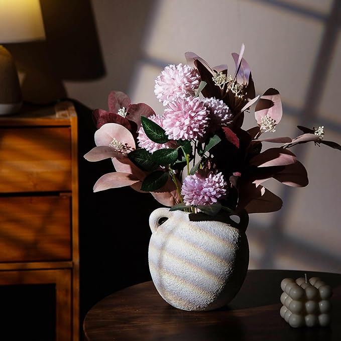 Ceramic Flower Vase, Porcelain Vases, 6 Inch Vintage Terracotta Vase with Hadle for Home Decor, Decorative Farmhouse Vase for Home Decor, Living Room, Shelf Decor, Farmhouse, Table, Lyeec