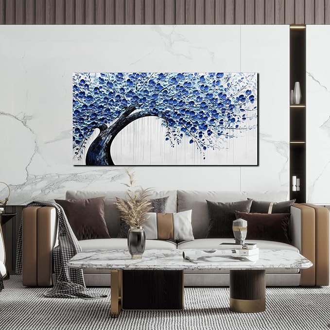 Large Wall Art for Living Room Bedroom Home Office Blue Tree of Life Wall Art Floral Picture Framed Wall Decor Modern Canvas Prints 24x48 In