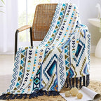 CASAAGUSTO Boho Throw Blanket - Blue and White Decorative Blankets with Tassel, Printed Flannel Bohemian Blanket for Chair, Bed, Sofa, Couch(50 * 60, Blue and White)