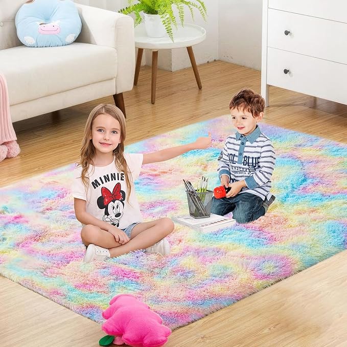 Rainbow Rug for Girls Bedroom: Fluffy Plush Rugs for Kids Room - Rainbow Fuzzy Carpet for Living Room (6x9 Feet)