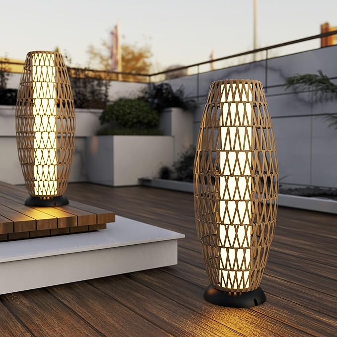 Large Patio Solar Powered Lantern for Garden Outdoor Decorative Floor Lamp Water-Resistant Wicker Lights for Deck Backyard
