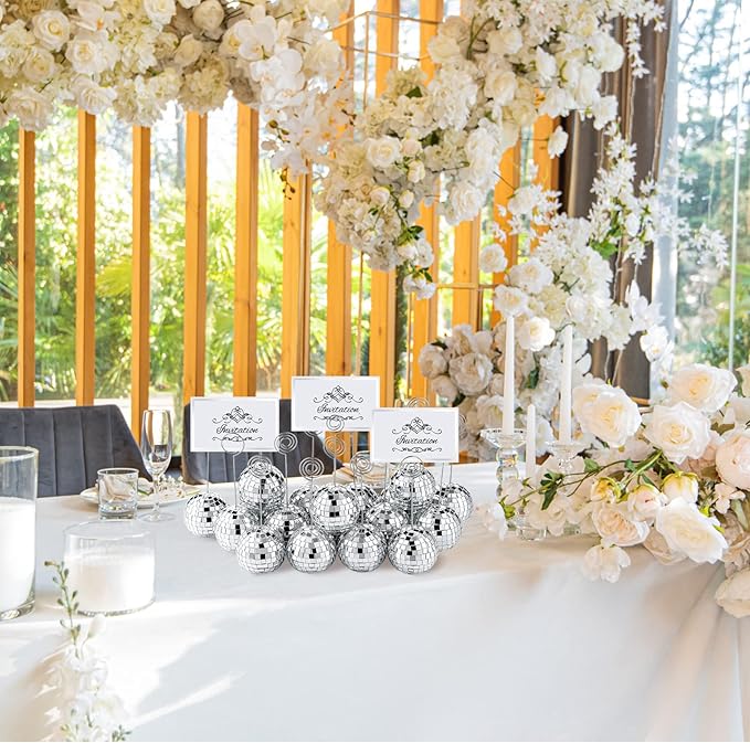 Maitys 180 Pcs Disco Ball Table Number Holders Silver Place Card with Swirl Wire Name Cards Photo Stand Clips Picture Holder for Christmas Wedding Party Favor (2 Inch)