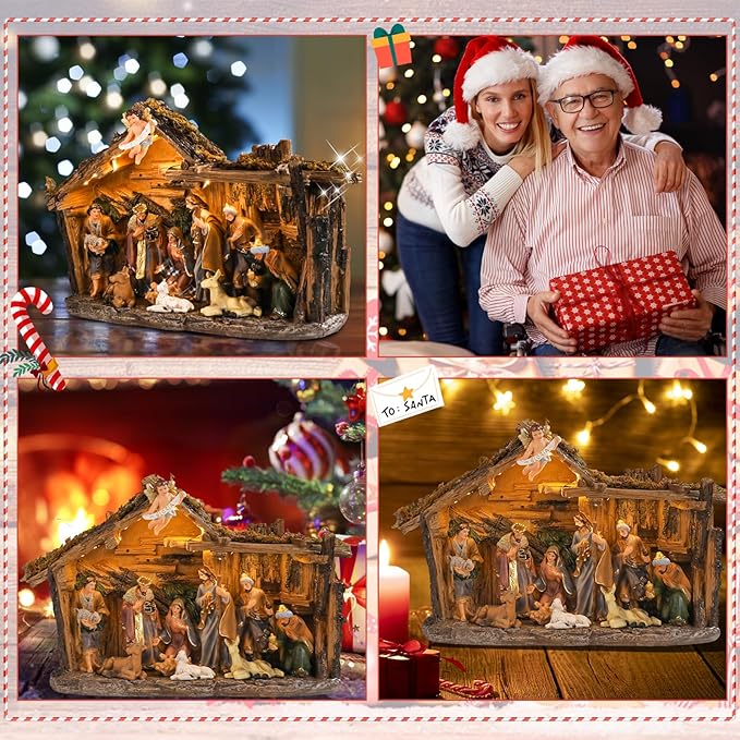 Taman Nativity Set with LED Light - Resin Figurines Tabletop Nativity Scenes Xmas Gifts Collectibles for Christmas Holiday Decorations