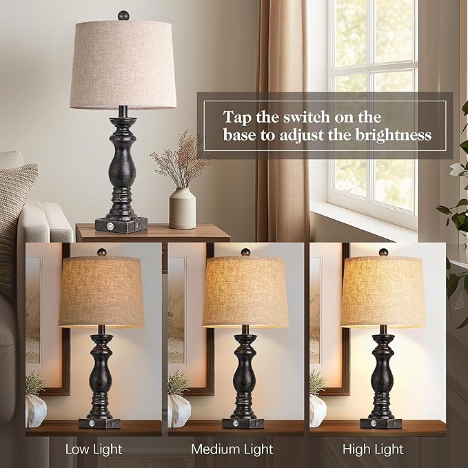 24.5" Table Lamp Set of 2, Rustic Farmhouse Bedside Lamps with USB A+C Charging Ports, 3-Way Dimmable Touch Control Nightstand Lamps for Living Room Bedroom, Antique Black, LED Bulbs Included